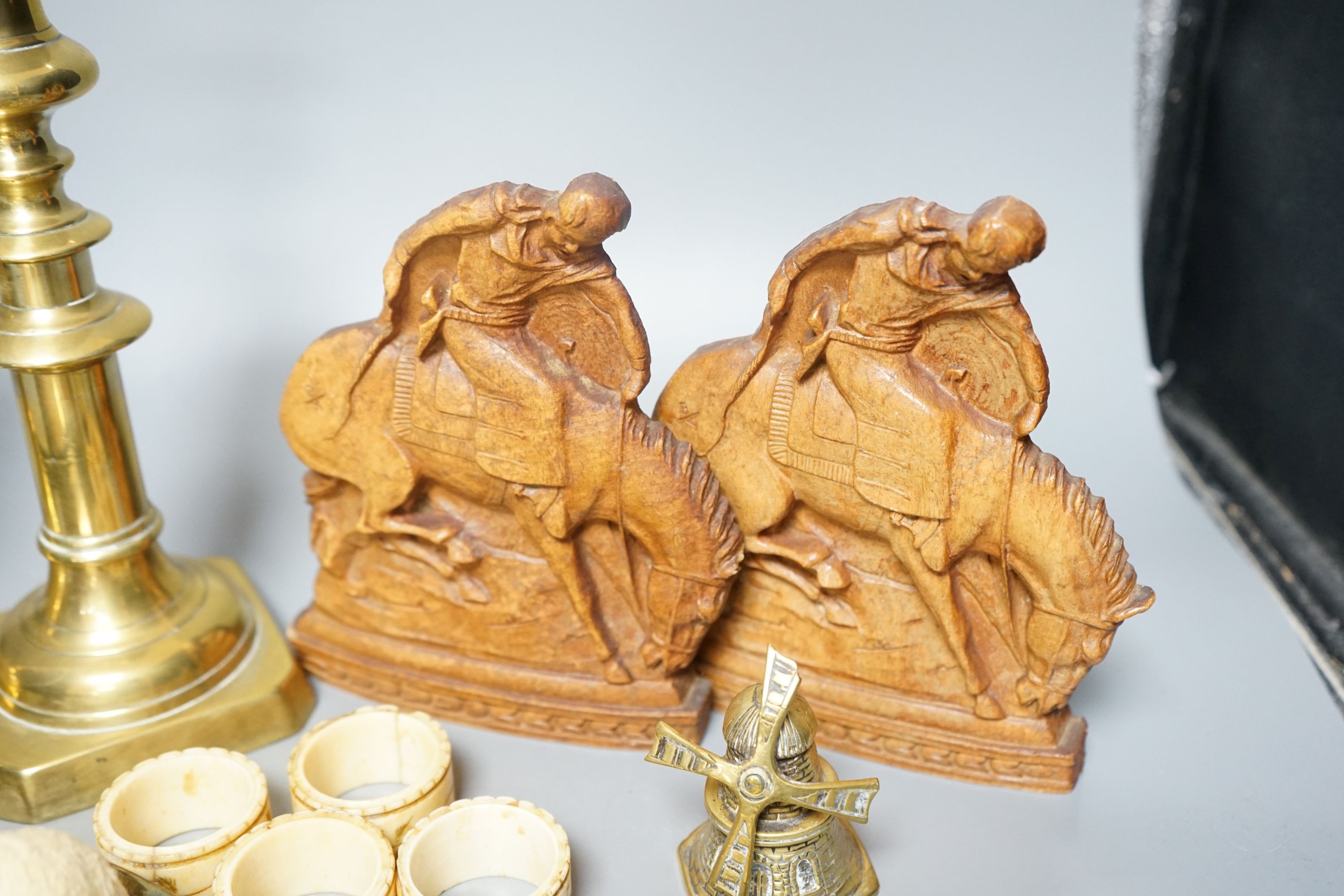 Mixed brass wares, candlesticks, gong etc together with mixed collectibles - music box, ivory, bone etc